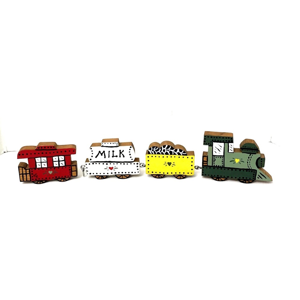 Wood Train 4 Pc Set Hand Painted Folk Art Locomotive Engine Caboose Farmhouse